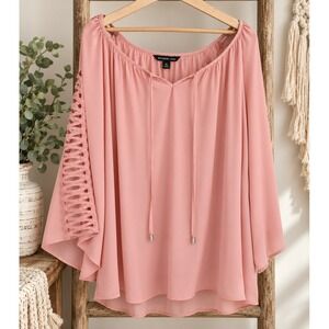 Zac & Rachel Blouse Women 2X Pink Detailed Sleeve Tie Neck
